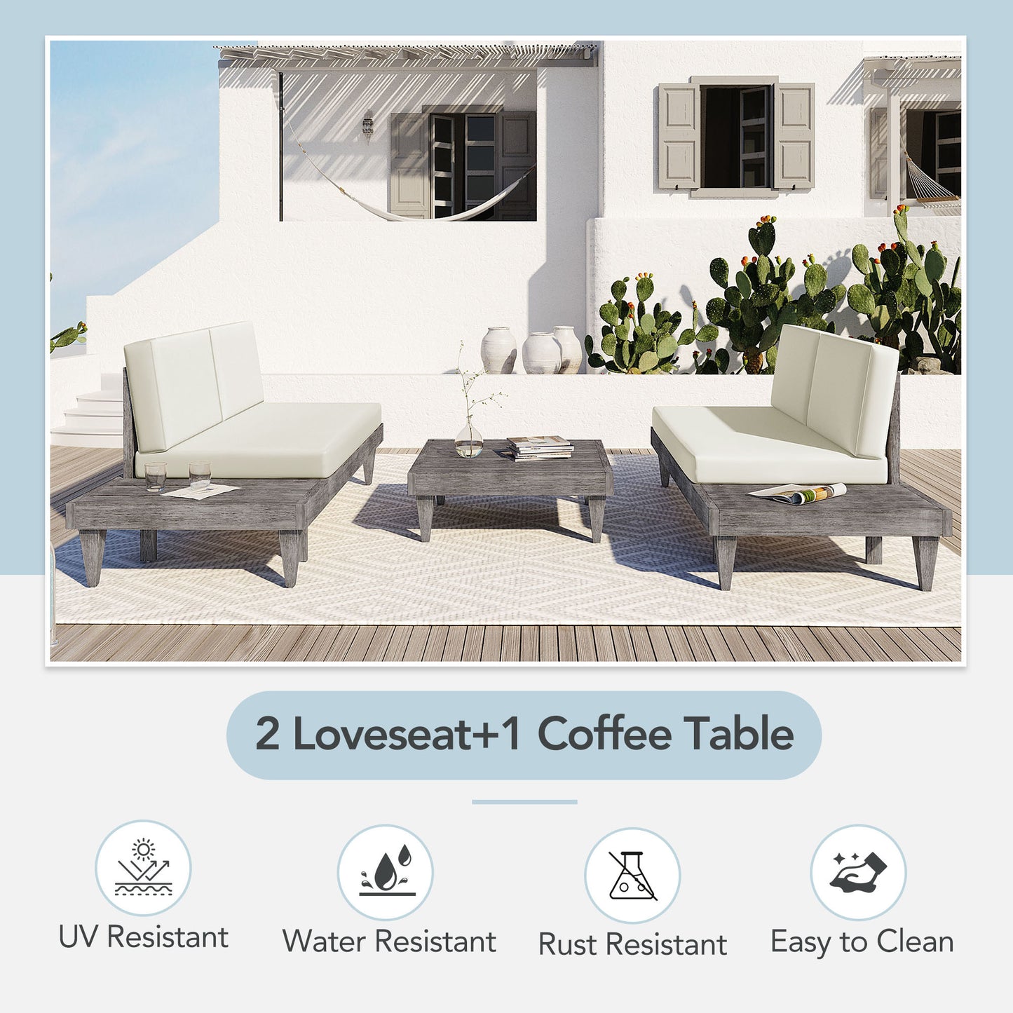 TOPMAX 3-Piece Patio Furniture Set Solid Wood Sectional Sofa Set with Coffee Table