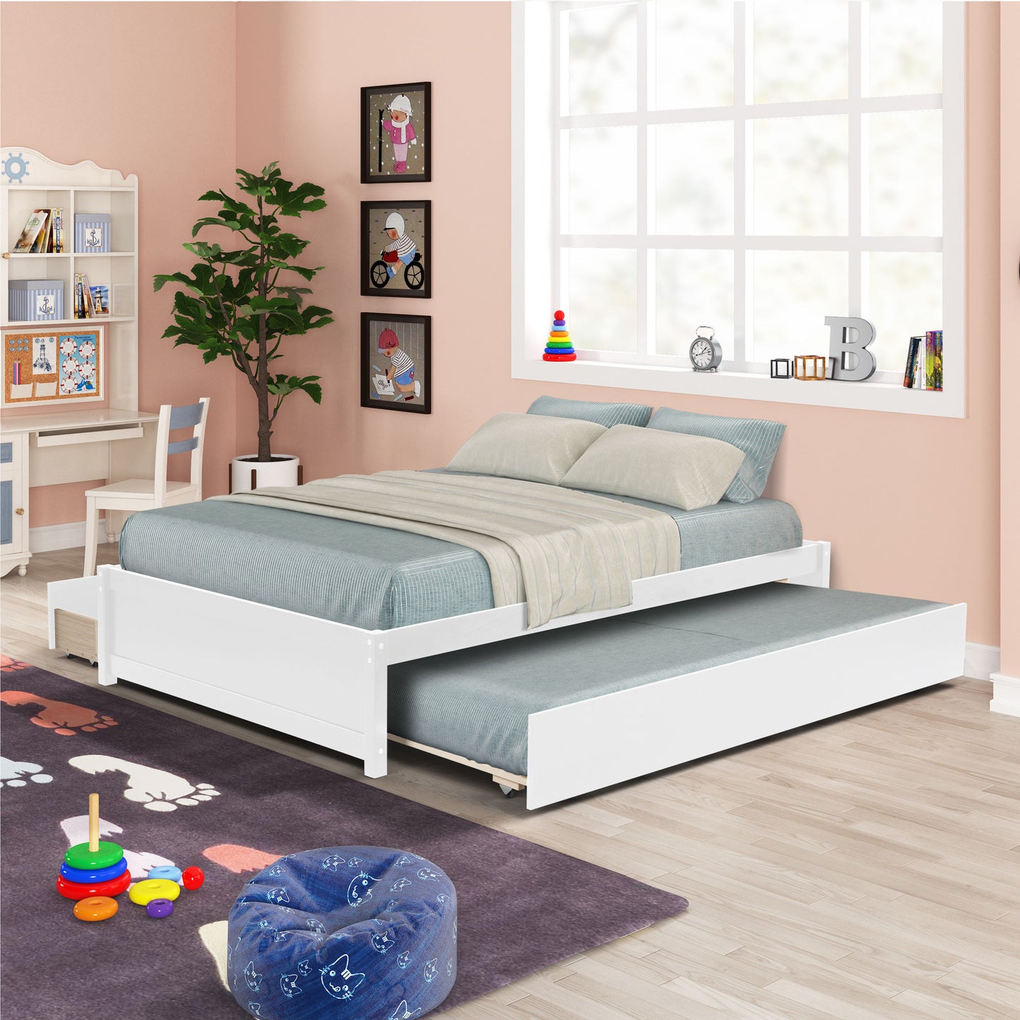 FULL BED WITH TWIN TRUNDLE AND TWO DRAWERS FOR WHITE COLOR