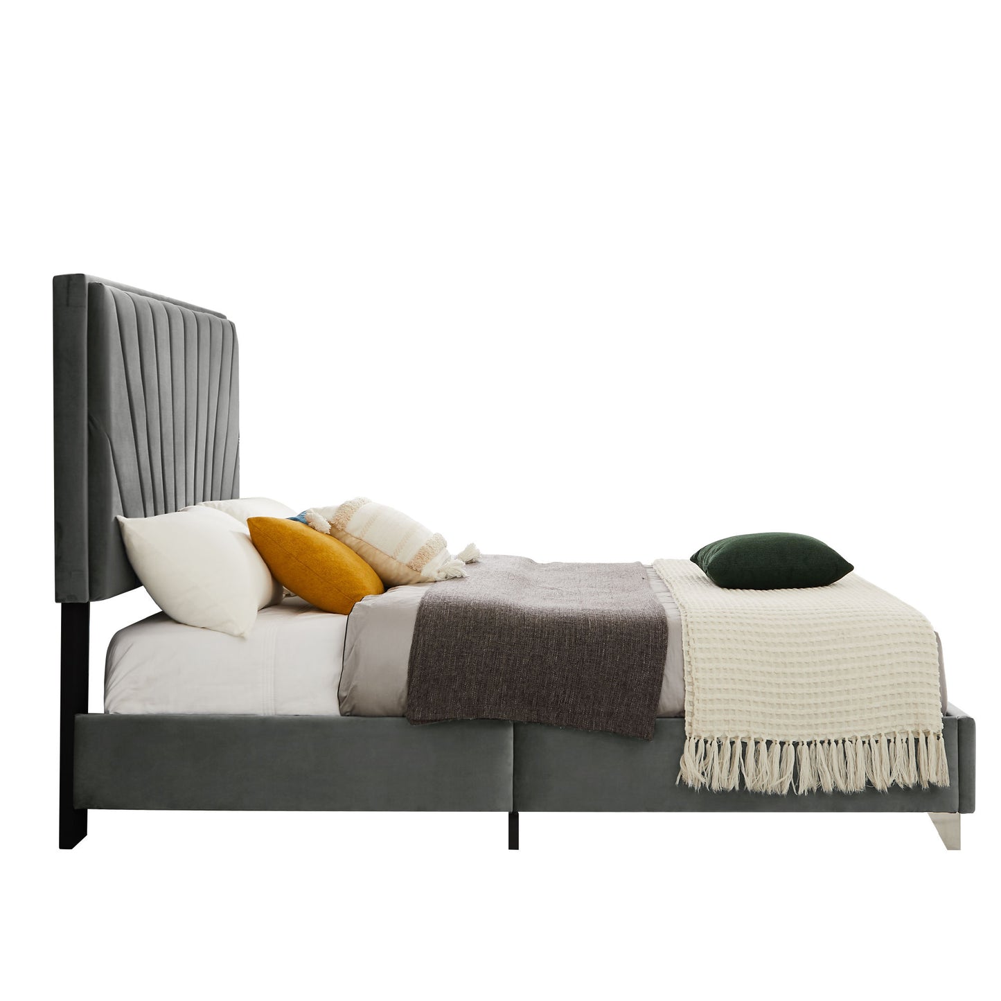 B108 Full bed Beautiful line stripe cushion headboard , strong wooden slats + metal support feet, Gray Flannelette