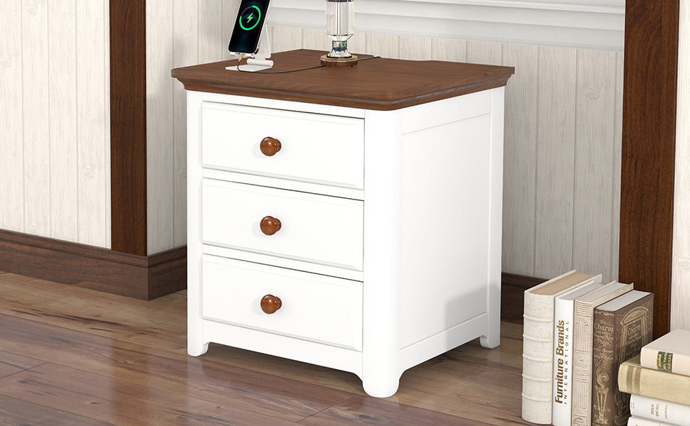Wooden Nightstand with USB Charging Ports and Three Drawers
