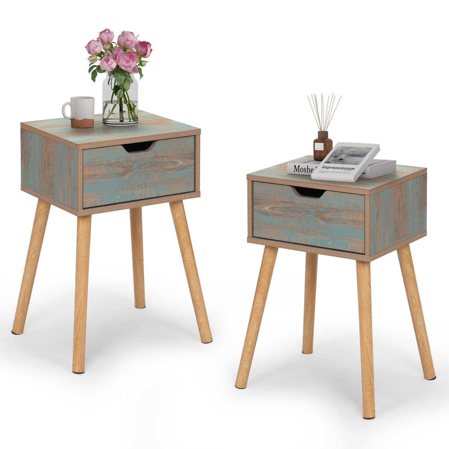 Set of 2, Wooden End Table with Storage Drawer