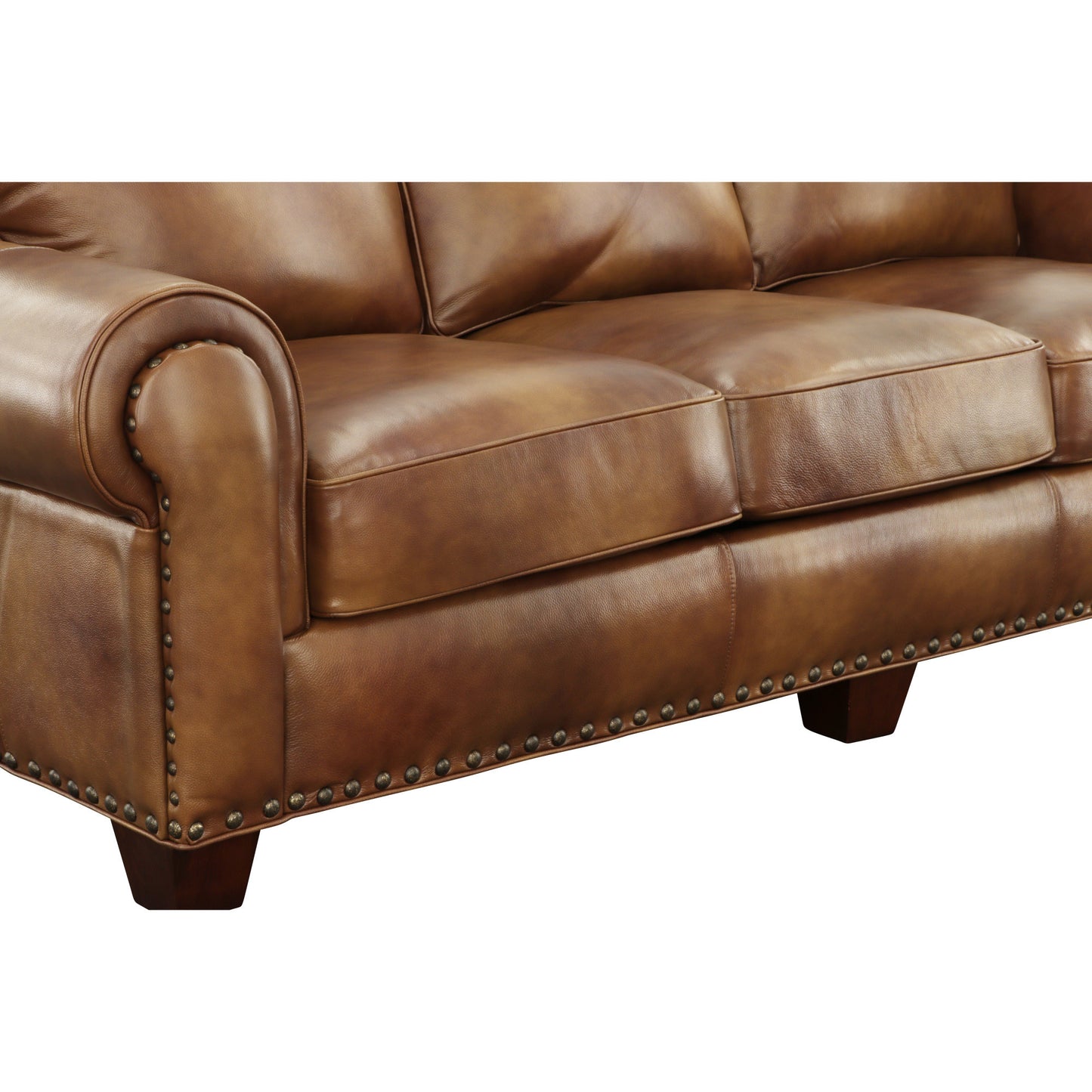 Rustic Styled Leather Sofa - Premium Construction, Top-Grain Leather - Eight-Way Hand-Tied Springs, Nail-Head Trim, Contrasting Pillows