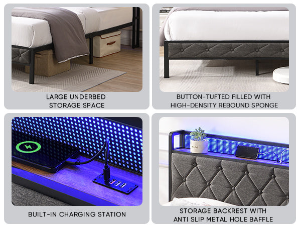 Full Bed Frame with Storage Headboard, Charging Station and LED Lights