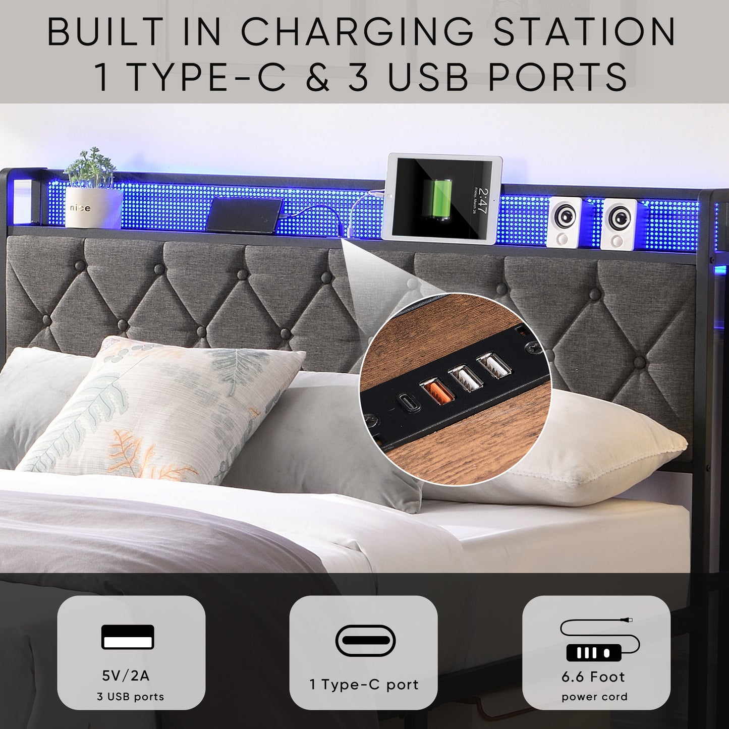 Full Bed Frame with Storage Headboard, Charging Station and LED Lights