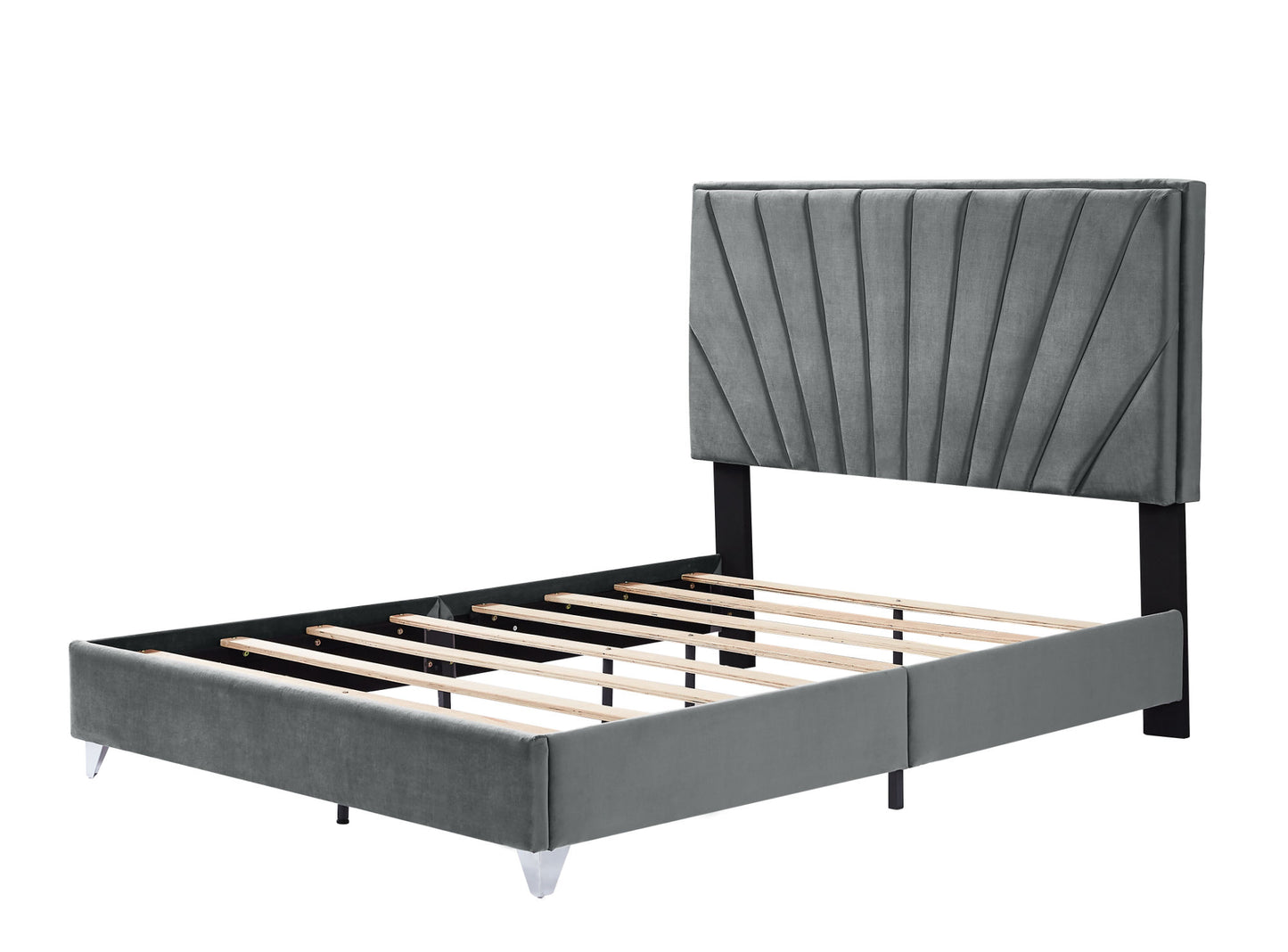 B108 Full bed Beautiful line stripe cushion headboard , strong wooden slats + metal support feet, Gray Flannelette