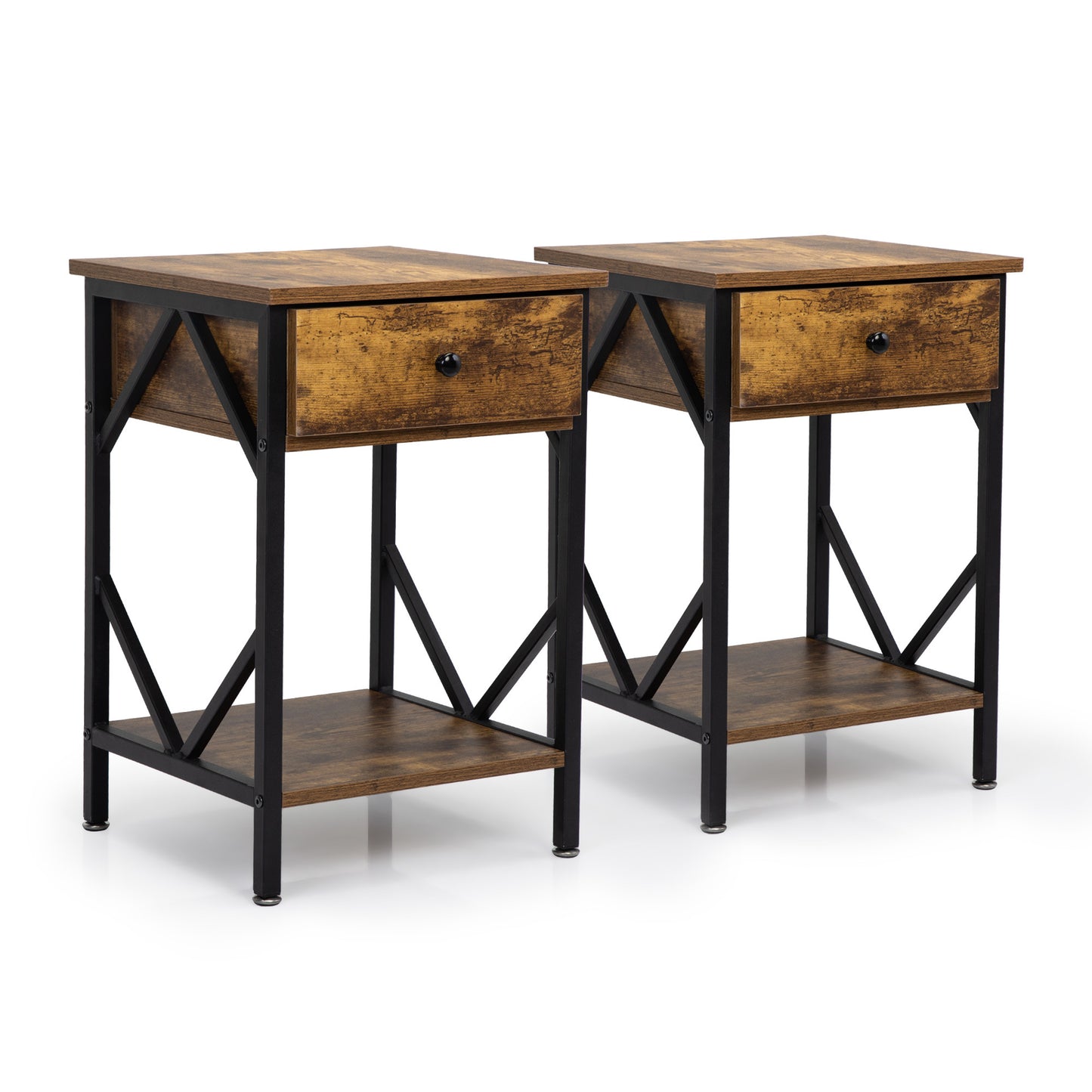 Set of 2 Nightstand Industrial End Table with Drawer