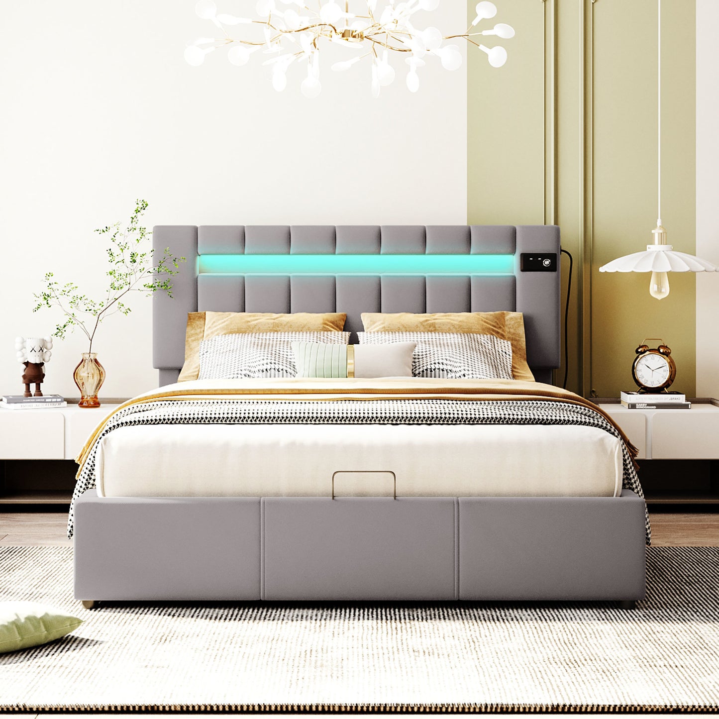 Upholstered Bed Queen Size with LED light;  Bluetooth Player and USB Charging;  Hydraulic Storage Bed in  Velvet Fabric