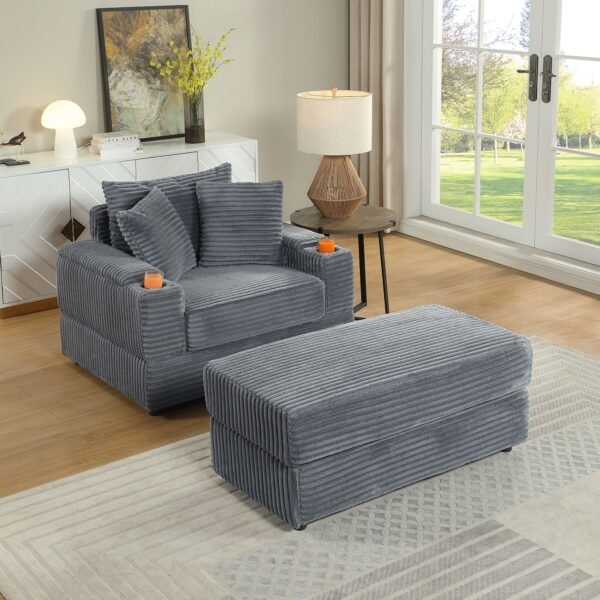 Comfy Deep Seat Sofa with Ottoman & 2 Toss Pillows – Corduroy Fabric Couch for Living Room - Image 2