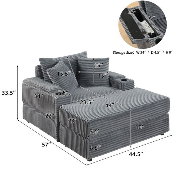 Comfy Deep Seat Sofa with Ottoman & 2 Toss Pillows – Corduroy Fabric Couch for Living Room - Image 4