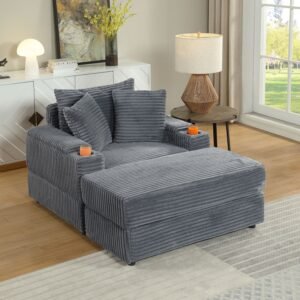Comfy Deep Seat Sofa with Ottoman & 2 Toss Pillows – Corduroy Fabric Couch for Living Room