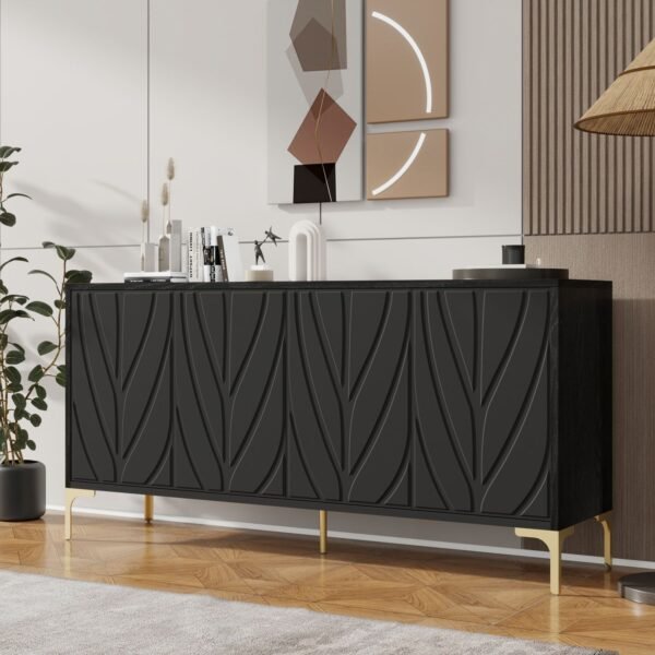 60" Sideboard Buffet Cabinet Handleless Press-to-Open Design,Carved Credenza Storage Cabinet with 4 Doors,Living Room Accent Buffet Modern Black,Entryway Wooden Side Board(Black) - Image 3