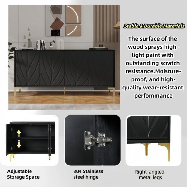 60" Sideboard Buffet Cabinet Handleless Press-to-Open Design,Carved Credenza Storage Cabinet with 4 Doors,Living Room Accent Buffet Modern Black,Entryway Wooden Side Board(Black) - Image 4