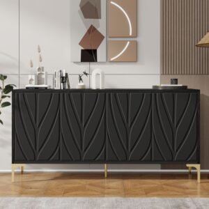 60" Sideboard Buffet Cabinet Handleless Press-to-Open Design,Carved Credenza Storage Cabinet with 4 Doors,Living Room Accent Buffet Modern Black,Entryway Wooden Side Board(Black)