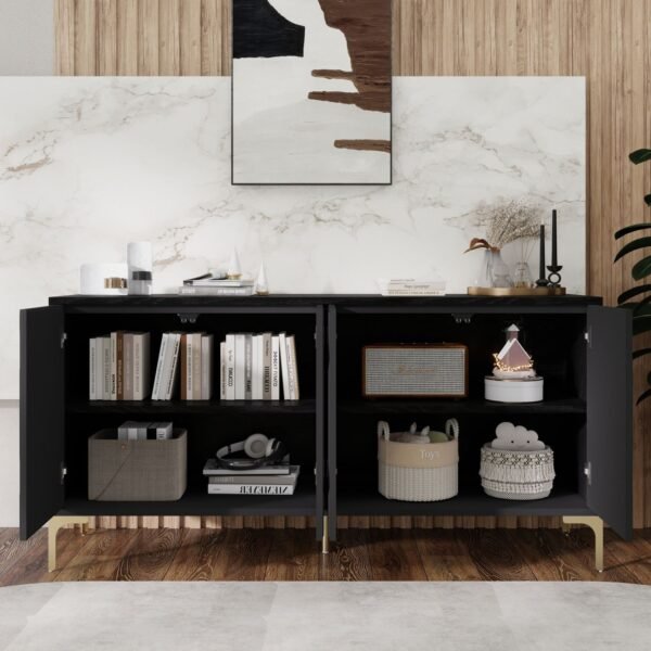60" Sideboard Buffet Cabinet Handleless Press-to-Open Design,Carved Credenza Storage Cabinet with 4 Doors,Living Room Accent Buffet Modern Black,Entryway Wooden Side Board(Black) - Image 5