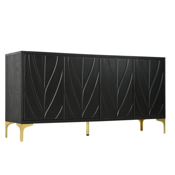 60" Sideboard Buffet Cabinet Handleless Press-to-Open Design,Carved Credenza Storage Cabinet with 4 Doors,Living Room Accent Buffet Modern Black,Entryway Wooden Side Board(Black) - Image 9