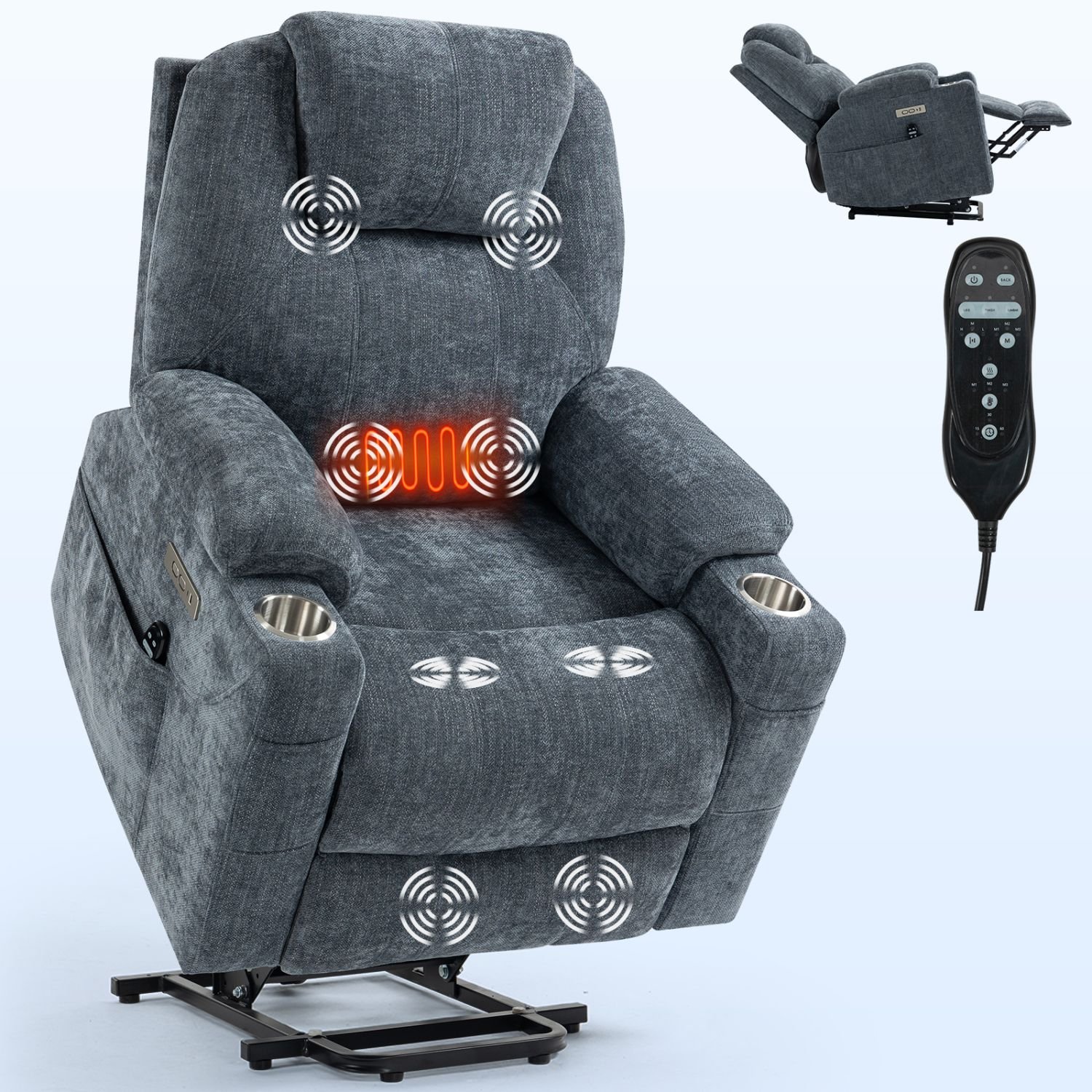 d010277r4ej-1.jpg Blue Power Lift Recliner Chair with Massage, Heat, USB-C, Cup Holders – 350 lbs Heavy Duty Chenille Recliner - Image 2