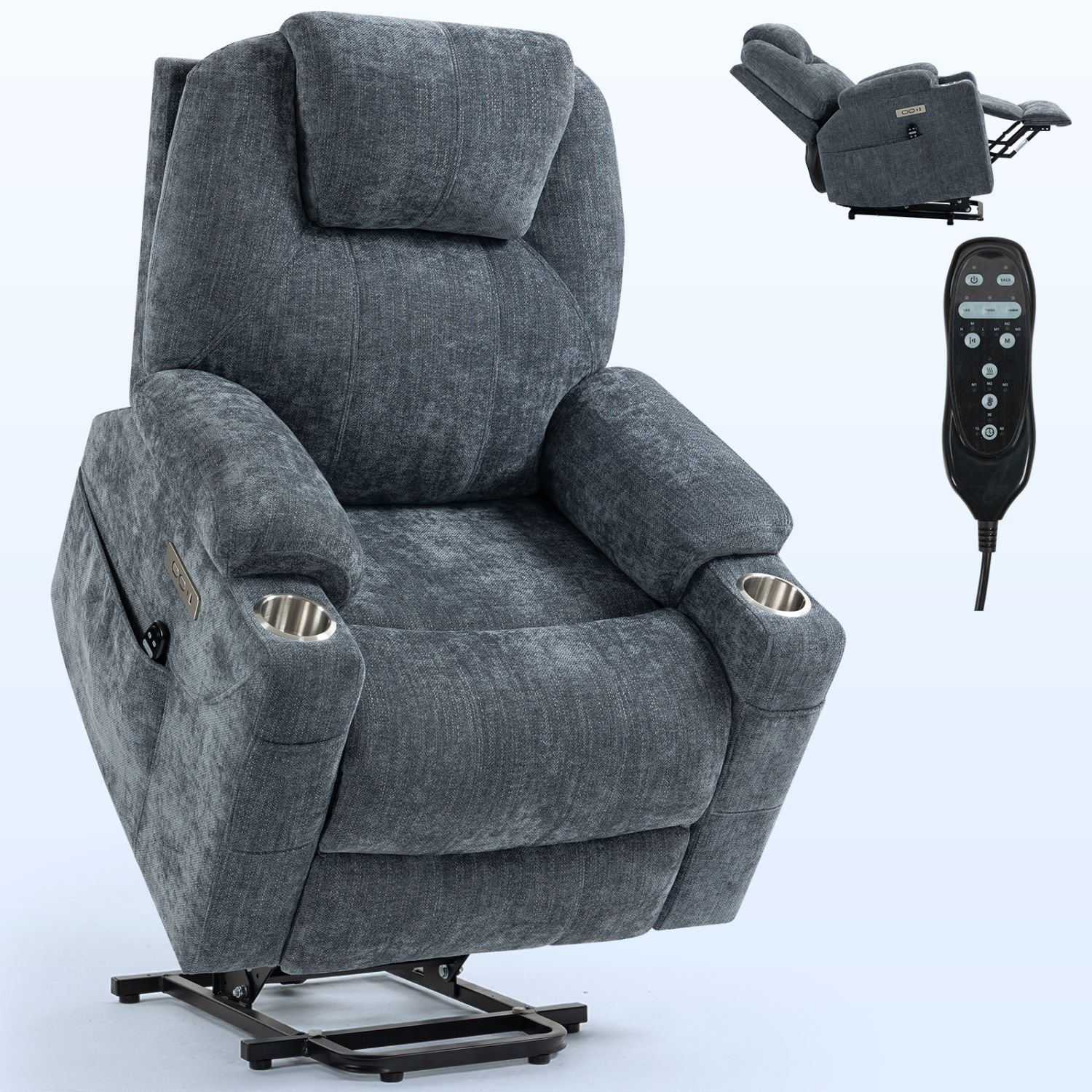 d010277r4ej-2.jpg Blue Power Lift Recliner Chair with Massage, Heat, USB-C, Cup Holders – 350 lbs Heavy Duty Chenille Recliner - Image 3