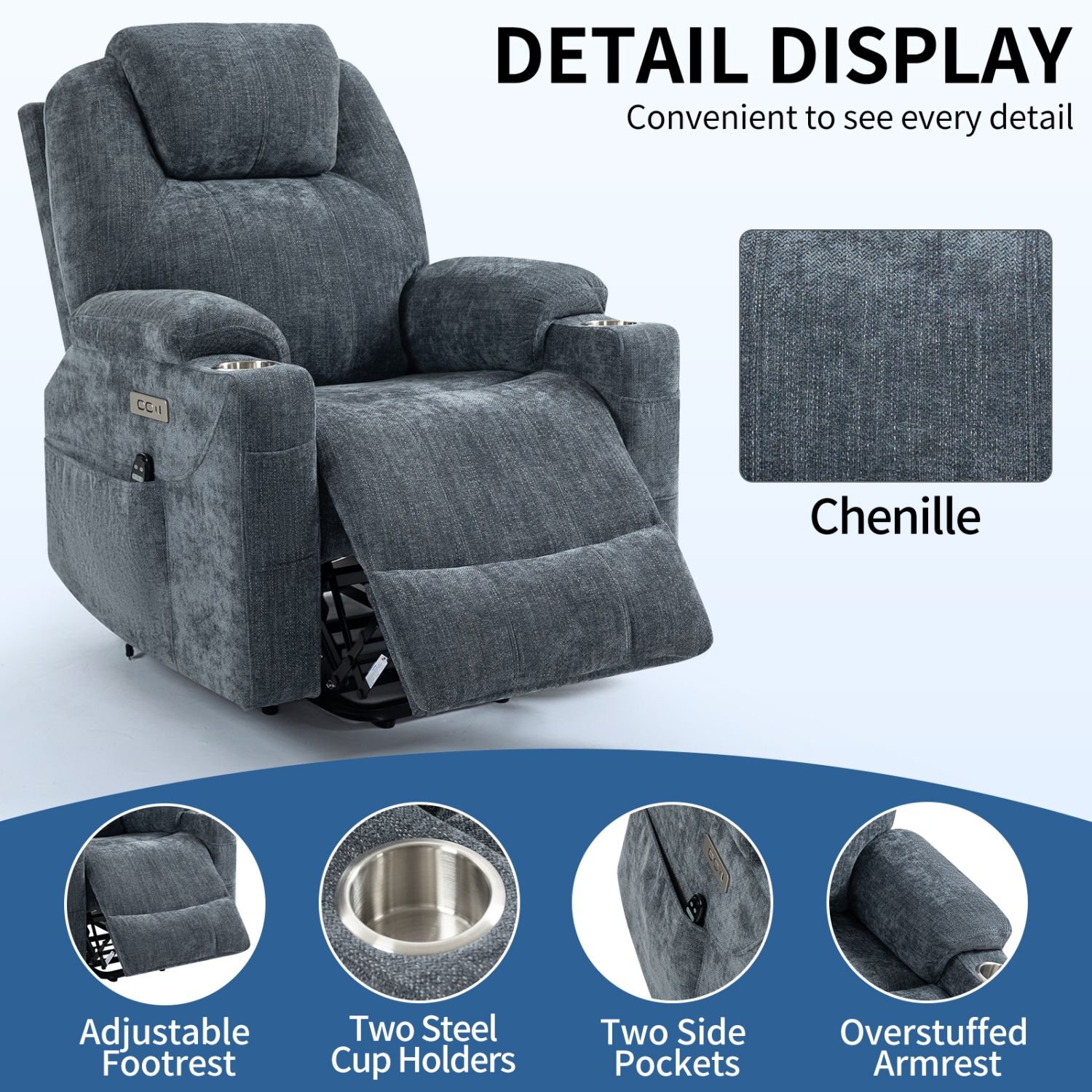 d010277r4ej-3.jpg Blue Power Lift Recliner Chair with Massage, Heat, USB-C, Cup Holders – 350 lbs Heavy Duty Chenille Recliner - Image 4