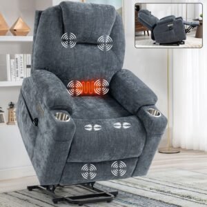 Blue Power Lift Recliner Chair with Massage, Heat, USB-C, Cup Holders – 350 lbs Heavy Duty Chenille Recliner