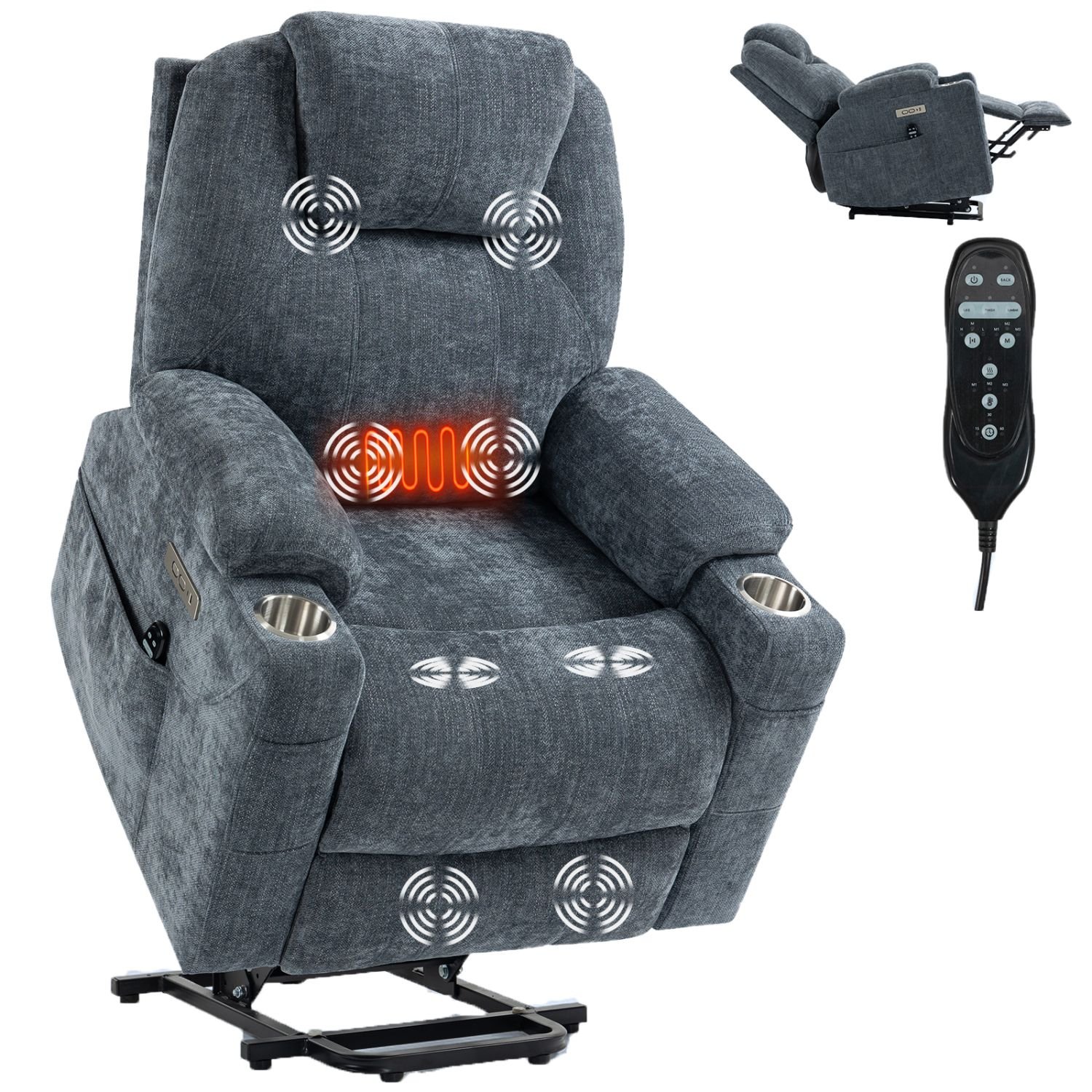 d010277r4ej-4.jpg Blue Power Lift Recliner Chair with Massage, Heat, USB-C, Cup Holders – 350 lbs Heavy Duty Chenille Recliner - Image 5