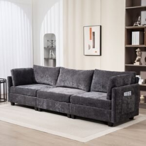 Dark Grey 3-Seater Chenille Sofa – Deep Seat Cloud-Like Comfort Couch with Side Pocket