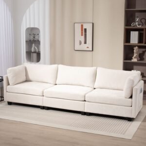 Beige 3-Seater Chenille Sofa – Deep Seat Couch with Ultra-Soft Cushions & Side Pocket