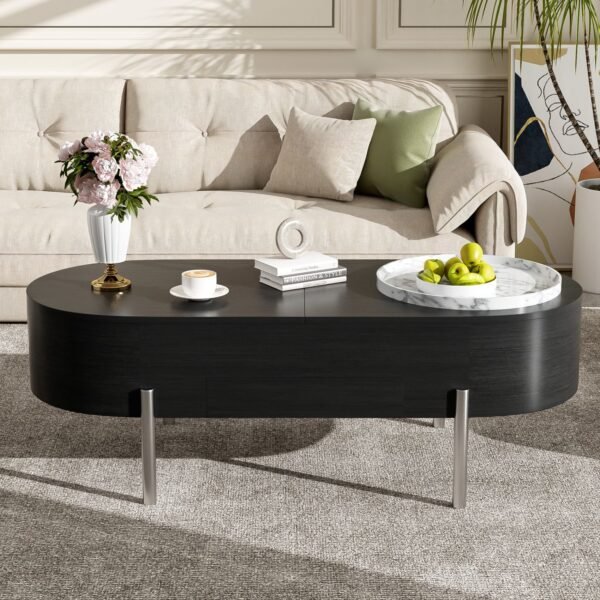 Black Lift-Top Coffee Table with Hidden Storage, Marble Rotating Tray & Drawers - Image 2