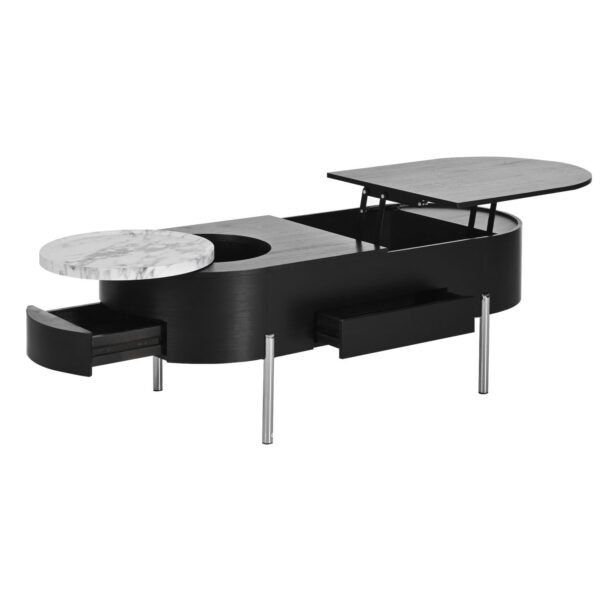 Black Lift-Top Coffee Table with Hidden Storage, Marble Rotating Tray & Drawers - Image 14