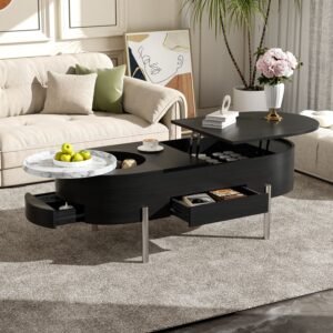U-Can 47.2''Lift Top Coffee Table with 360-degree Marble-patterned rotating tray,Hidden Compartment, Partially Assembled Wooden Center Table, Modern Oval Lift Tabletop for Home Living Room