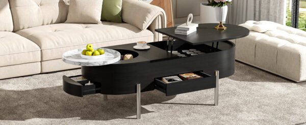Black Lift-Top Coffee Table with Hidden Storage, Marble Rotating Tray & Drawers - Image 6
