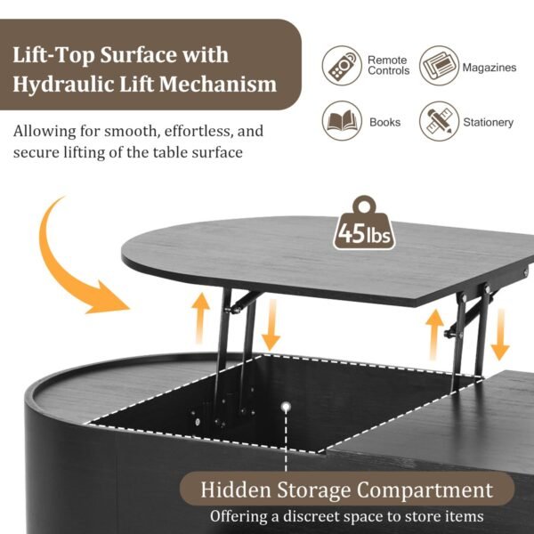 Black Lift-Top Coffee Table with Hidden Storage, Marble Rotating Tray & Drawers - Image 7
