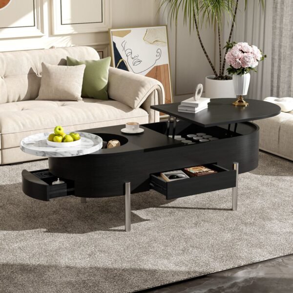 Black Lift-Top Coffee Table with Hidden Storage, Marble Rotating Tray & Drawers