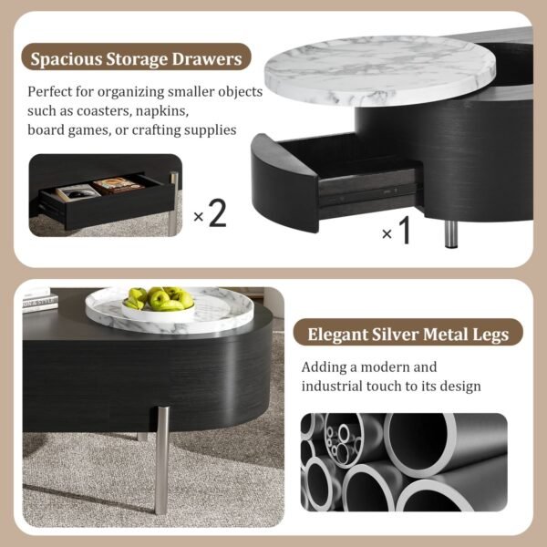 Black Lift-Top Coffee Table with Hidden Storage, Marble Rotating Tray & Drawers - Image 8