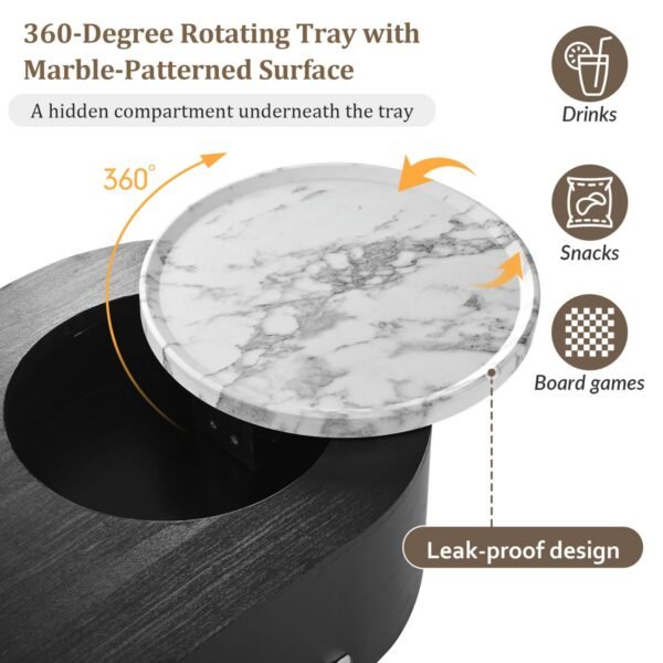 Black Lift-Top Coffee Table with Hidden Storage, Marble Rotating Tray & Drawers - Image 9