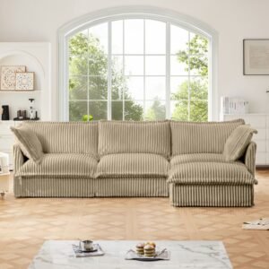 L-Shaped Camel Corduroy Slipcovered Sectional Sofa – Deep Seat Cloud Couch with Convertible Ottoman & Pillows