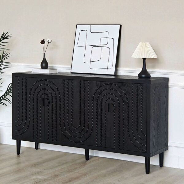 Modern Black Wooden Accent Cabinet with 4 Doors – Buffet Sideboard for Dining Room, Entryway, Kitchen - Image 2