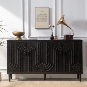 Modern Black Wooden Accent Cabinet with 4 Doors – Buffet Sideboard for Dining Room, Entryway, Kitchen