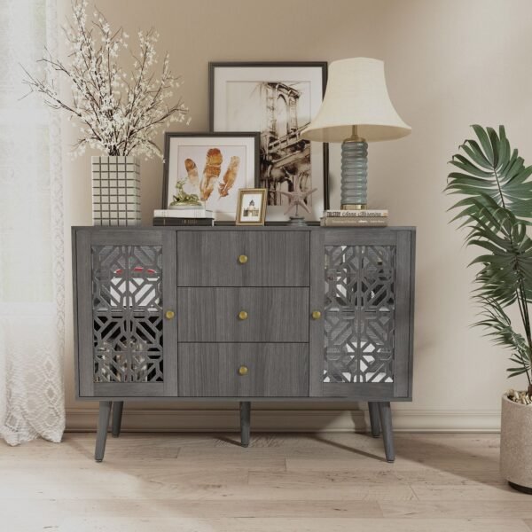 Retro Accent Sideboard Cabinet with Drawers & 2 Doors – Hollow Carved Buffet Credenza for Kitchen, Living Room - Image 3