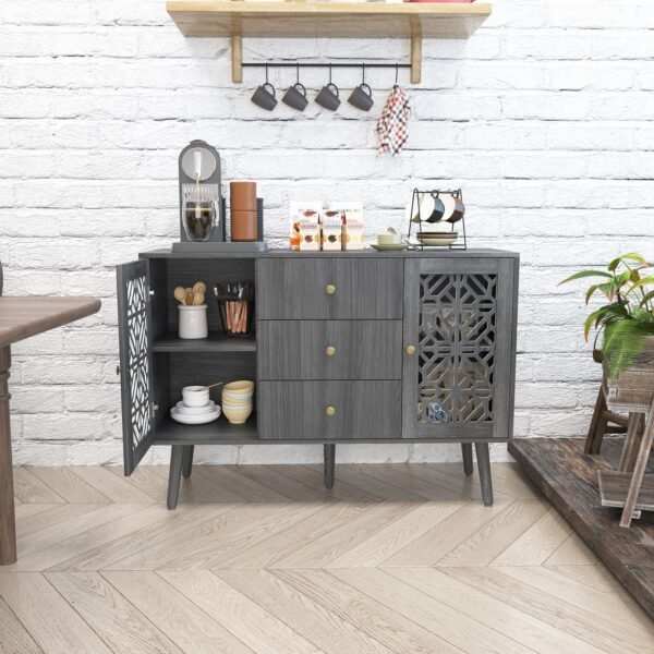 Retro Accent Sideboard Cabinet with Drawers & 2 Doors – Hollow Carved Buffet Credenza for Kitchen, Living Room - Image 4
