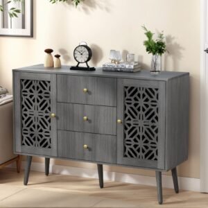 Retro Accent Sideboard Cabinet with Drawers & 2 Doors – Hollow Carved Buffet Credenza for Kitchen, Living Room
