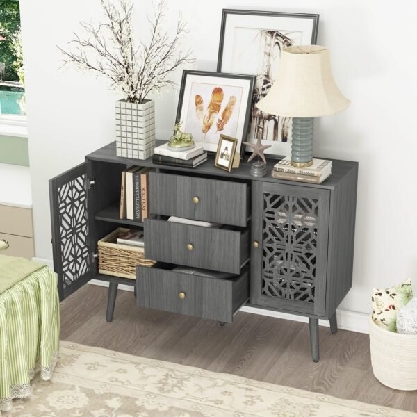 Retro Accent Sideboard Cabinet with Drawers & 2 Doors – Hollow Carved Buffet Credenza for Kitchen, Living Room - Image 5