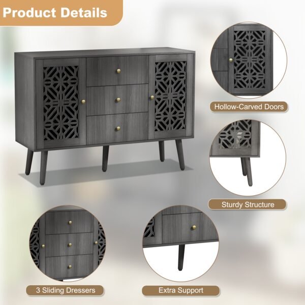 Retro Accent Sideboard Cabinet with Drawers & 2 Doors – Hollow Carved Buffet Credenza for Kitchen, Living Room - Image 6