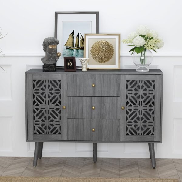 Retro Accent Sideboard Cabinet with Drawers & 2 Doors – Hollow Carved Buffet Credenza for Kitchen, Living Room - Image 7