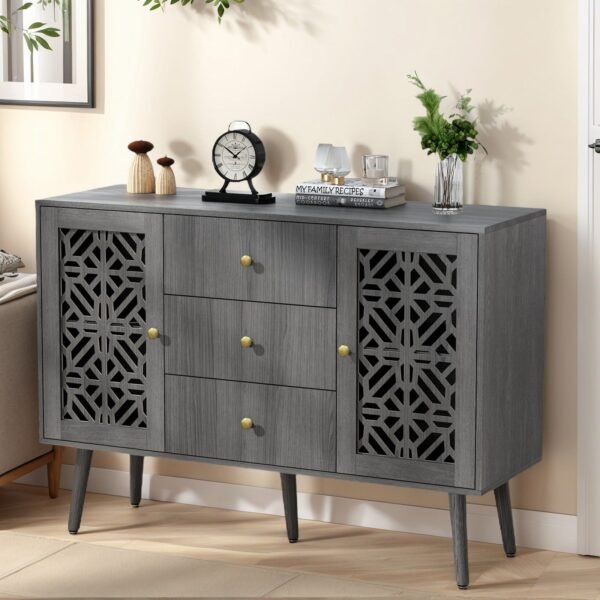 Retro Accent Sideboard Cabinet with Drawers & 2 Doors – Hollow Carved Buffet Credenza for Kitchen, Living Room