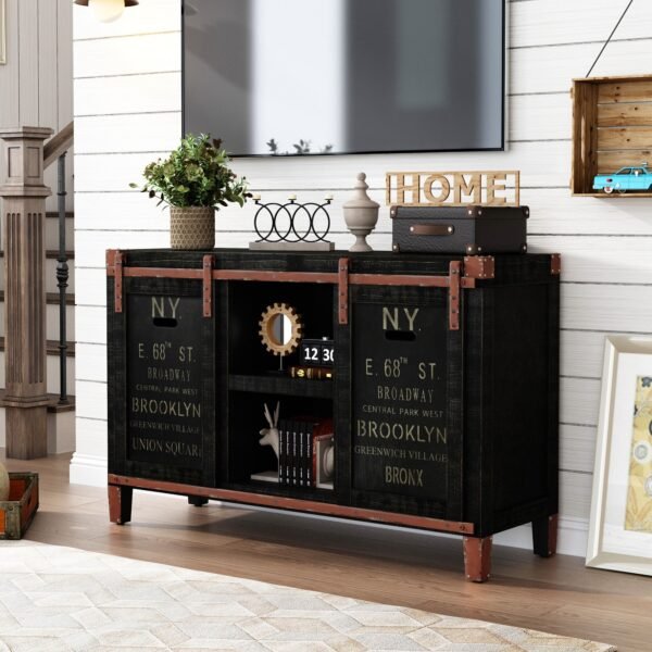 Farmhouse Black TV Stand for 55” TV – 30" Tall Rustic Console with Sliding Barn Doors & Storage Cabinets - Image 4