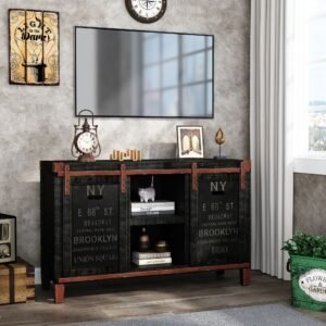 Farmhouse Black TV Stand for 55” TV – 30" Tall Rustic Console with Sliding Barn Doors & Storage Cabinets