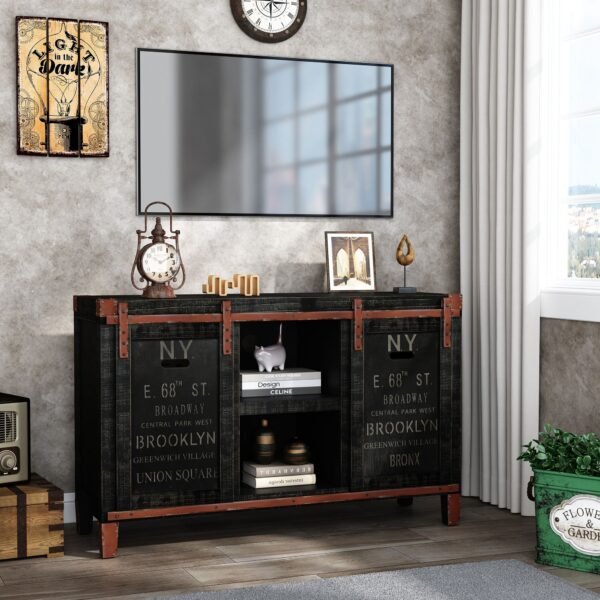 Farmhouse Black TV Stand for 55” TV – 30" Tall Rustic Console with Sliding Barn Doors & Storage Cabinets