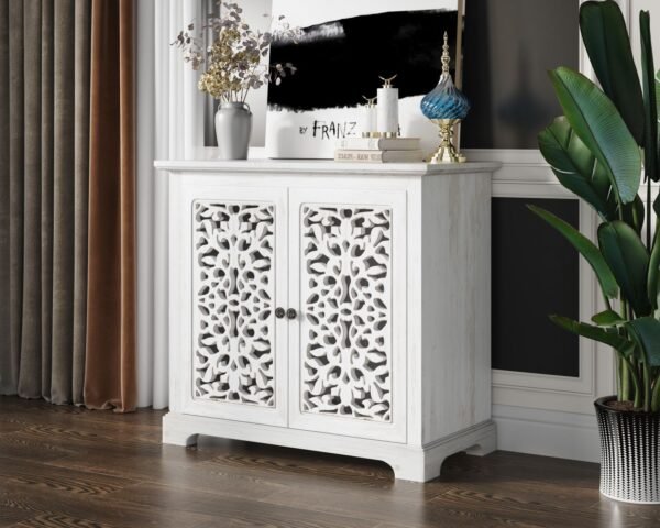 Antique White Sideboard Cabinet with Carved Doors – Vintage Accent Storage Console for Living Room or Entryway - Image 2