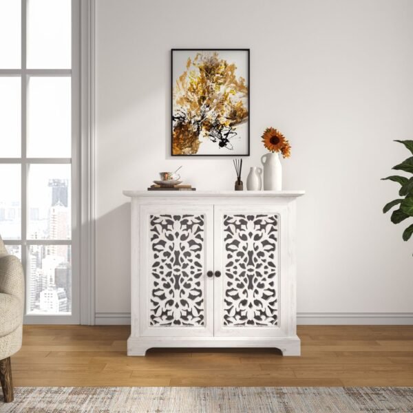Antique White Sideboard Cabinet with Carved Doors – Vintage Accent Storage Console for Living Room or Entryway - Image 3