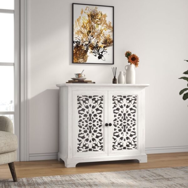 Antique White Sideboard Cabinet with Carved Doors – Vintage Accent Storage Console for Living Room or Entryway - Image 4